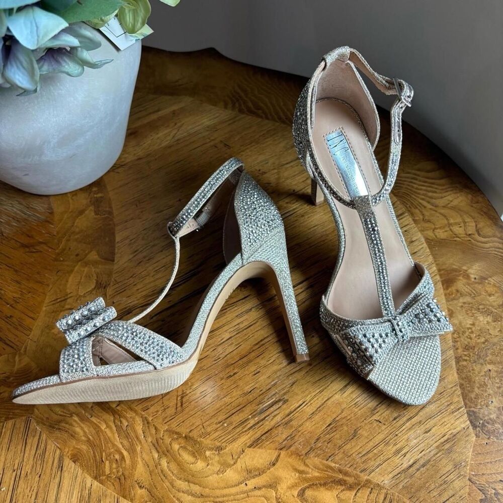 Rhinestone Bow Ankle Strap Heels Sandals Stiletto Evening Shoes Size 7 NWT - Picture 3 of 4